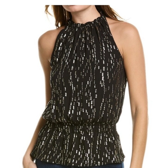 Ramy Brook Kaylene NWT Top Black Metallic Gold Peplum High Neck Size XS - Picture 2 of 6